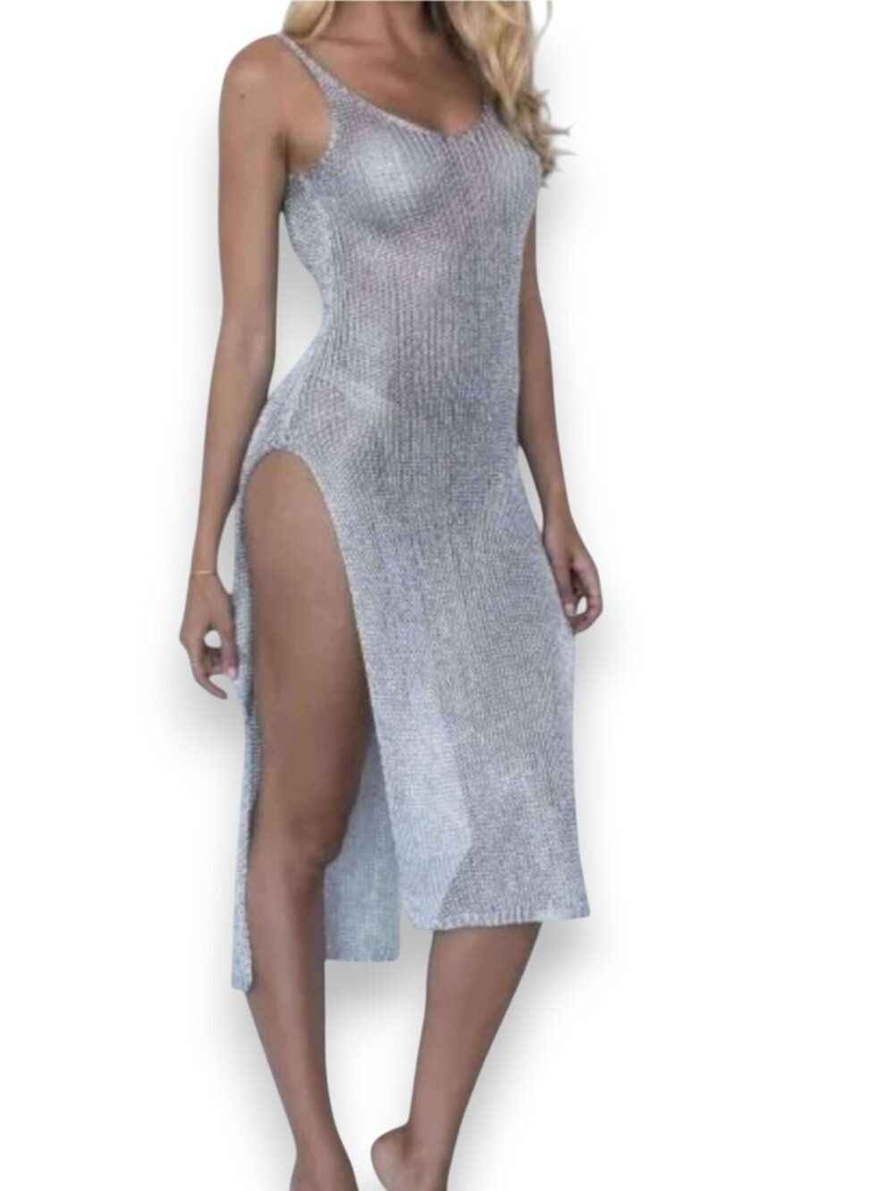 Metallic Mesh High Slit Maxi Dress Slit Cover Up Silver